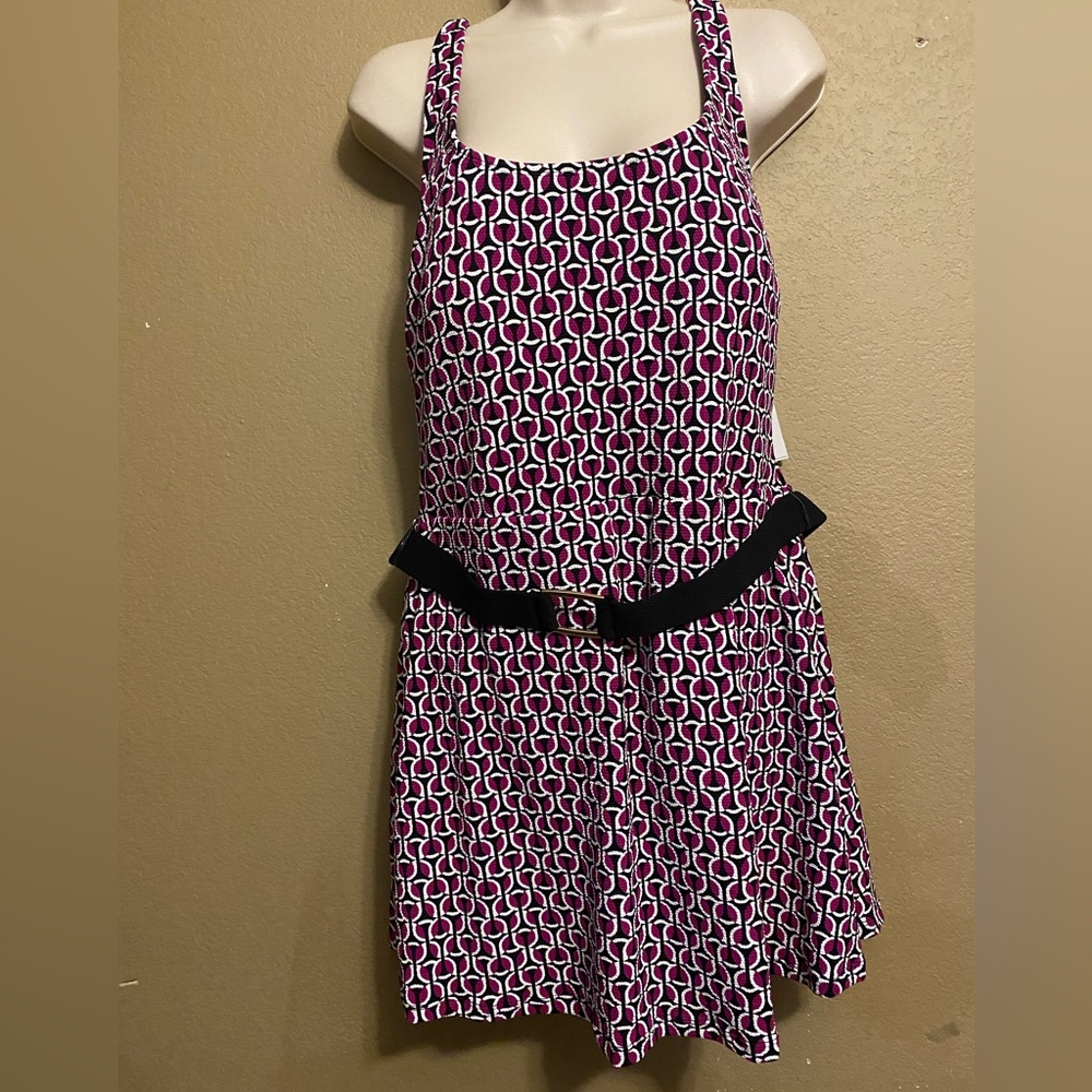 Lands End Geometric Print Swim Dress Large Magenta & White